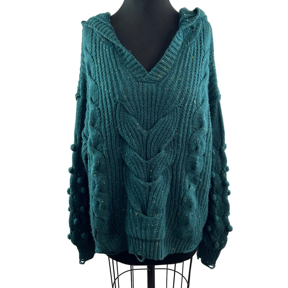 WILDFOX Pattie Green Sweater Chunky Knit V-Neck Hood Raglan Sleeve Size Large L